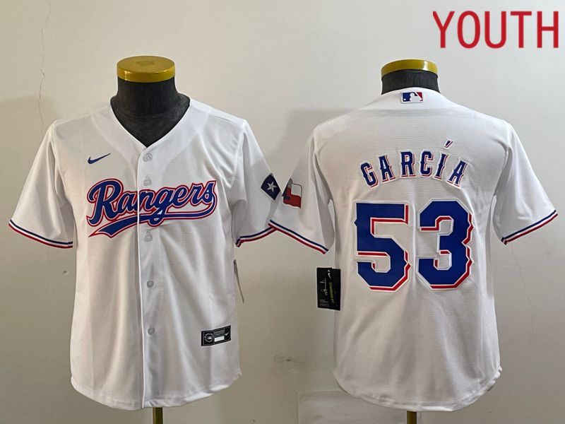 Youth Texas Rangers #53 Garcia White Game Nike 2023 MLB Jersey style 1